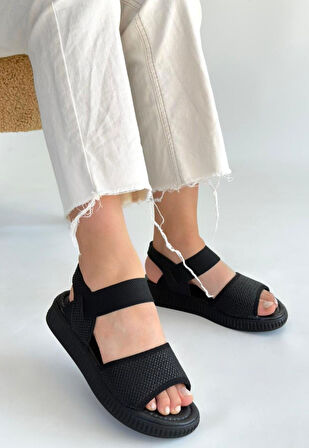 Pabucmarketi Siyah Hasır Kadın Düz Sandalet