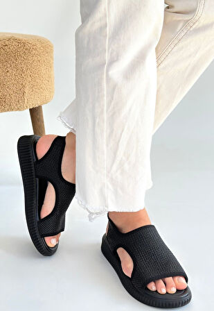 Pabucmarketi Siyah Hasır Kadın Düz Sandalet