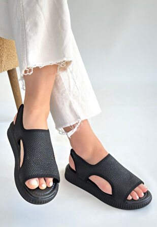 Pabucmarketi Siyah Hasır Kadın Düz Sandalet