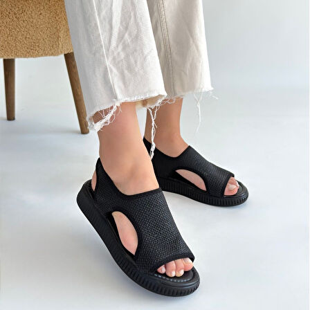 Pabucmarketi Siyah Hasır Kadın Düz Sandalet