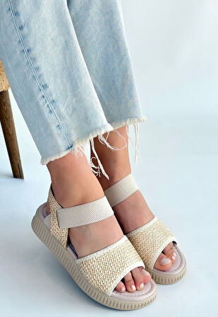 Pabucmarketi Bej Hasır Kadın Düz Sandalet