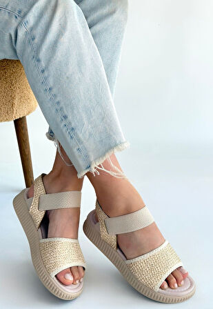 Pabucmarketi Bej Hasır Kadın Düz Sandalet