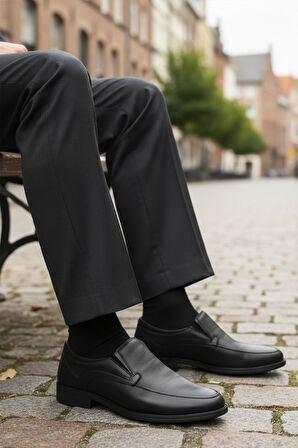 Aspor Siyah Bağcıksız Deri Erkek Casual Ayakkabı