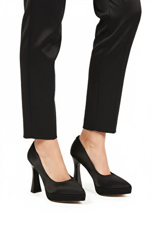 Aspor Siyah Saten Kadın Platform Topuklu Ayakkabı