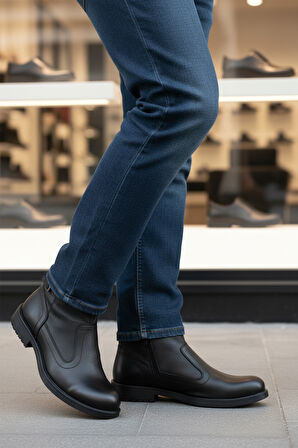 Aspor Siyah Hakiki Deri İçi Kürklü Fermuarlı Erkek Bot