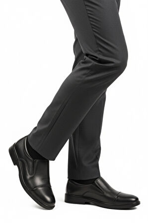 Aspor Siyah Hakiki Deri Bağcıksız Jel Taban Erkek Klasik Ayakkabı