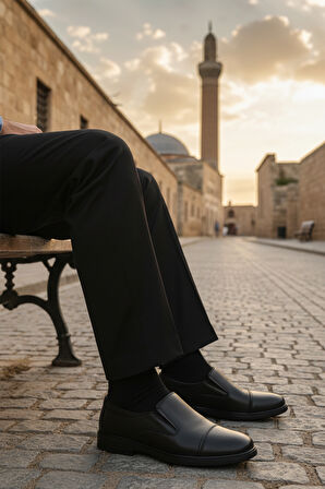 Aspor Siyah Hakiki Deri Bağcıksız Jel Taban Erkek Klasik Ayakkabı