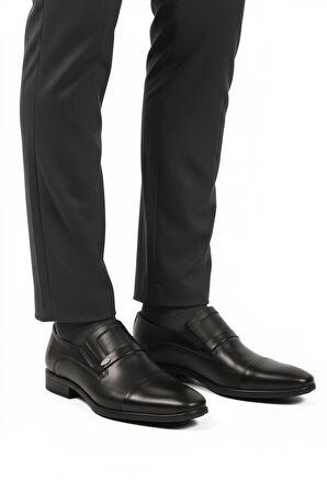 Aspor Siyah Hakiki Deri Bağcıksız Erkek Klasik Ayakkabı