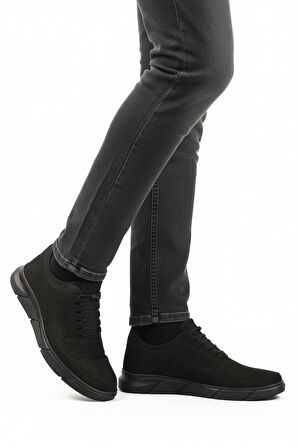 Aspor Siyah Nubuk Hakiki Deri Lastik Bağcıklı Erkek Casual Ayakkabı