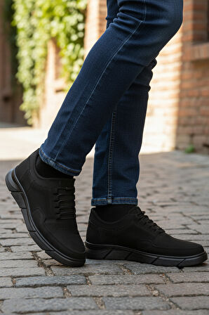 Aspor Siyah Nubuk Hakiki Deri Lastik Bağcıklı Erkek Casual Ayakkabı