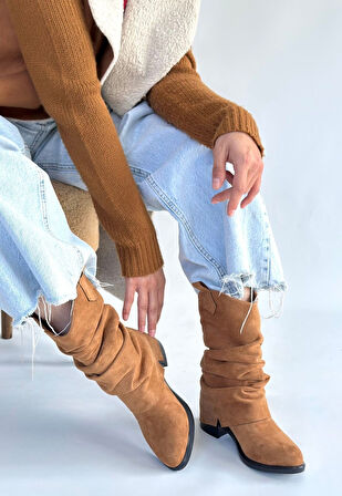 Pabucmarketi Taba Süet Körüklü Kadın Topuklu Çizme