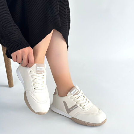 Pabucmarketi Bej Vizon Bağcıklı Kadın Spor Ayakkabı