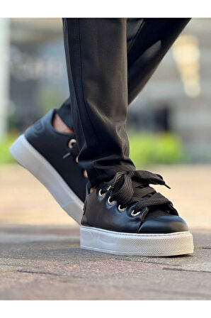 Pabucmarketi Bağcıklı Erkek Günlük Ayakkabı Siyah (Beyaz Taban)