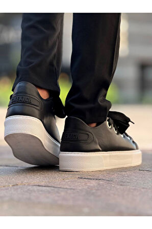 Pabucmarketi Bağcıklı Erkek Günlük Ayakkabı Siyah (Beyaz Taban)