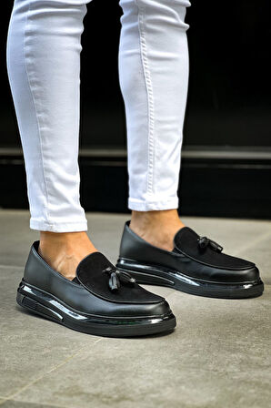 Pabucmarketi Püsküllü Erkek Günlük Ayakkabı Siyah (Siyah Taban)