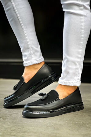 Pabucmarketi Püsküllü Erkek Günlük Ayakkabı Siyah (Siyah Taban)