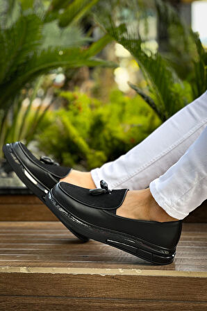 Pabucmarketi Püsküllü Erkek Günlük Ayakkabı Siyah (Siyah Taban)