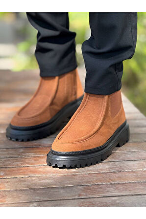 Pabucmarketi Fermuarlı Erkek Düz Bot Taba Süet