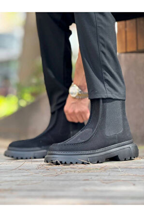 Pabucmarketi Fermuarlı Erkek Düz Bot Siyah Süet