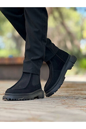 Pabucmarketi Fermuarlı Erkek Düz Bot Siyah Süet