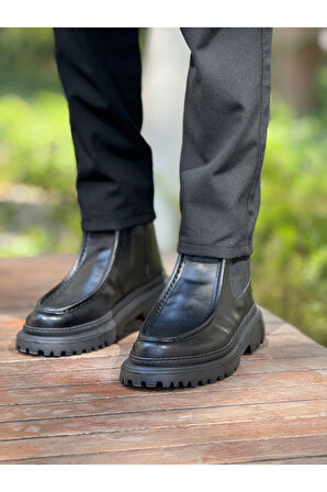 Pabucmarketi Fermuarlı Erkek Düz Bot Siyah Cilt