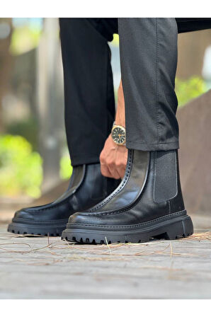 Pabucmarketi Fermuarlı Erkek Düz Bot Siyah Cilt