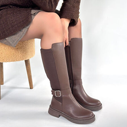 Pabucmarketi Kahverengi Fermuarlı Kadın Topuklu Çizme