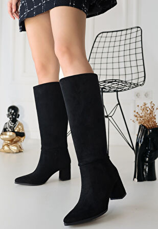 Pabucmarketi Siyah Süet Kadın Topuklu Çizme