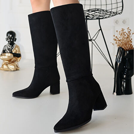 Pabucmarketi Siyah Süet Kadın Topuklu Çizme