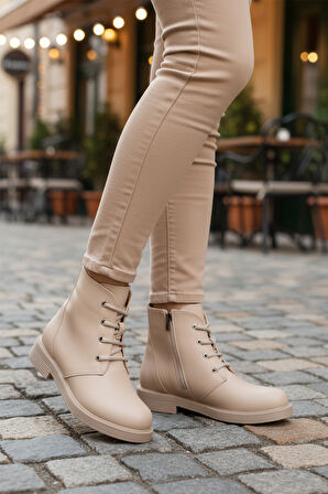Aspor Bej Bağcıklı Fermuarlı Kadın Topuklu Bot