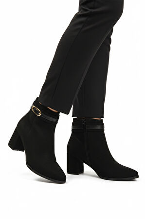 Aspor Siyah Süet Fermuarlı İçi Kürklü Kadın Topuklu Bot