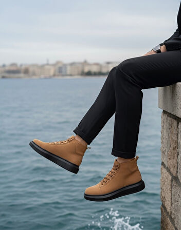 Pabucmarketi Bağcıklı Erkek Sneaker Bot TABA SÜET (SİYAH TABAN)