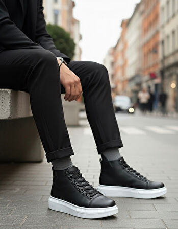 Pabucmarketi Bağcıklı Erkek Sneaker Bot SİYAH (BEYAZ TABAN)
