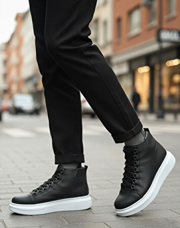 Pabucmarketi Bağcıklı Erkek Sneaker Bot SİYAH (BEYAZ TABAN)