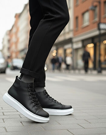 Pabucmarketi Bağcıklı Erkek Sneaker Bot SİYAH (BEYAZ TABAN)