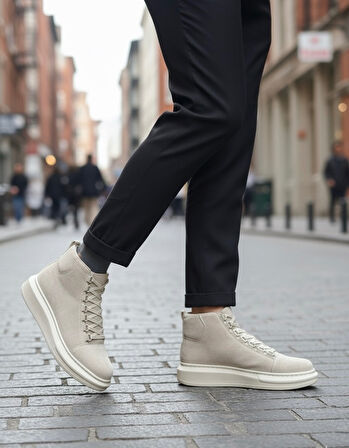 Pabucmarketi Bağcıklı Erkek Sneaker Bot BEJ SÜET (BEJ TABAN)