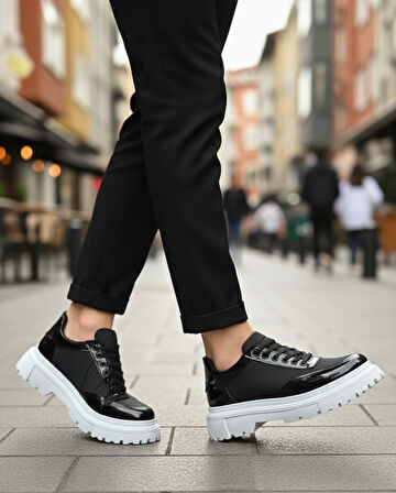 Pabucmarketi Bağcıklı Paraşüt Detaylı Erkek Günlük Ayakkabı SİYAH (BEYAZ TABAN)