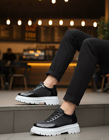 Pabucmarketi Bağcıklı Paraşüt Detaylı Erkek Günlük Ayakkabı SİYAH (BEYAZ TABAN)