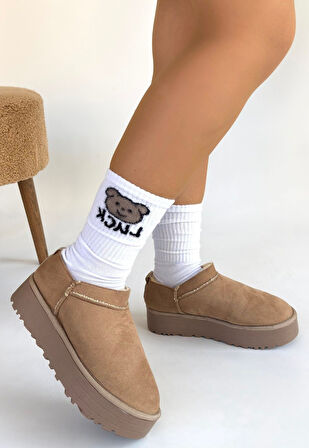 Pabucmarketi Bej Süet Kürklü Kadın Düz Bootie