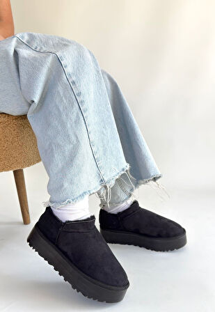 Pabucmarketi Siyah Süet Kürklü Kadın Düz Bootie