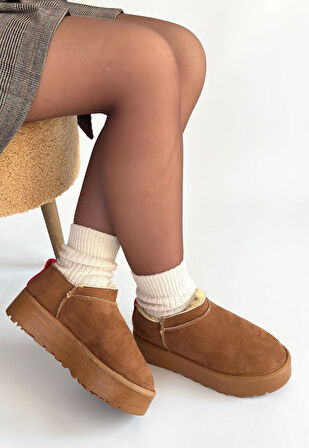 Pabucmarketi Taba Süet Kürklü Kadın Düz Bootie