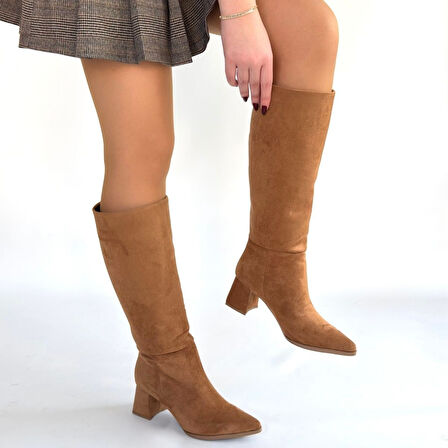 Pabucmarketi Taba Süet Kadın Topuklu Çizme