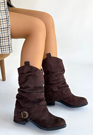 Pabucmarketi Kahverengi Süet Körüklü Kadın Topuklu Çizme