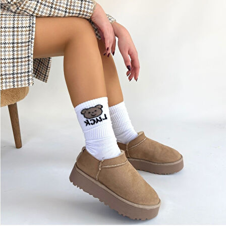 Pabucmarketi Vizon Süet Kürklü Kadın Düz Bootie