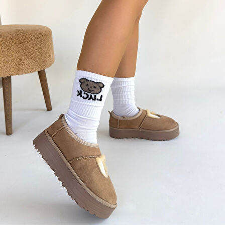 Pabucmarketi Vizon Süet Kürklü Kadın Düz Bootie