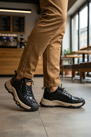 Guja Siyah Hakiki Deri Bağcıklı Erkek Sneaker