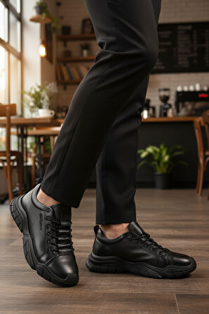 Bulldozer Siyah Floter Hakiki Deri Dar Kalıp Erkek Casual Ayakkabı