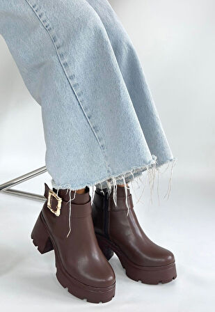 Pabucmarketi Kahverengi Fermuarlı Kadın Topuklu Bot