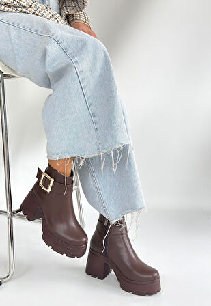 Pabucmarketi Kahverengi Fermuarlı Kadın Topuklu Bot