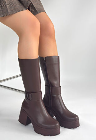 Pabucmarketi Kahverengi Fermuarlı Kadın Topuklu Çizme